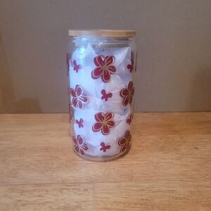 Red And Gold Floral Glass Jar with Bamboo Lid And Straw 16oz